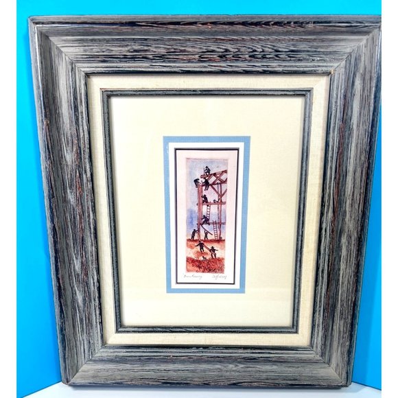 Watercolor "Barn Raising" Amish by Artist Gifford Signed 1987 Pennsylvania Gift